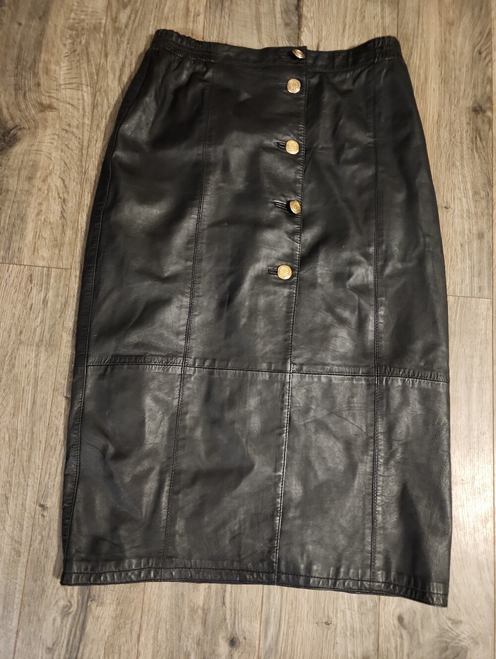 Margaret Godfrey Leather Button Pencil Skirt Gold Vintage Midi Dark Acadamia 16